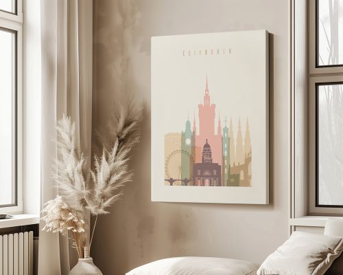 Art print featuring a stylized cityscape of Edinburgh with notable buildings and structures.
