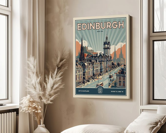 Retro art print of Edinburgh featuring buildings and mountains in a stylized design.