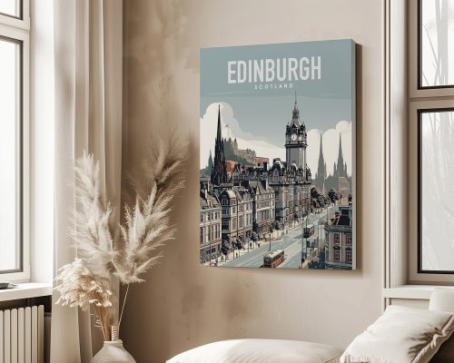 Illustrated cityscape of Edinburgh, Scotland, featuring buildings and a cloudy sky.