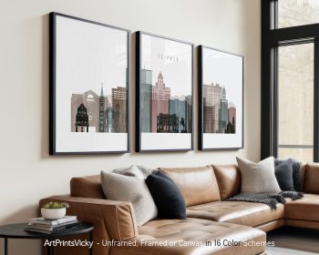 Three framed art prints depicting the cityscape of El Paso with various buildings and structures.