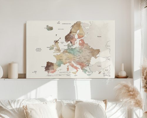 Map of Europe displaying various countries and regions in a colorful design with soft tones.