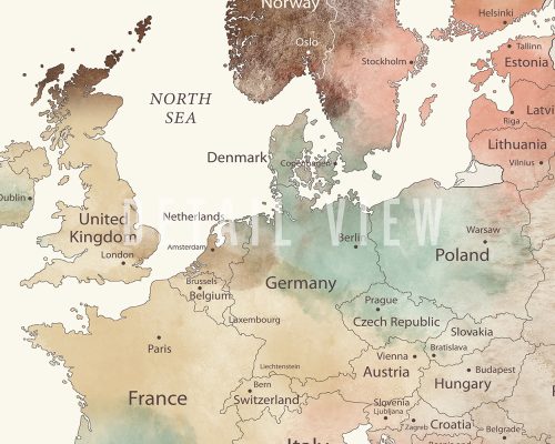 Detailed map of Europe showing country borders and major cities in a muted color palette.