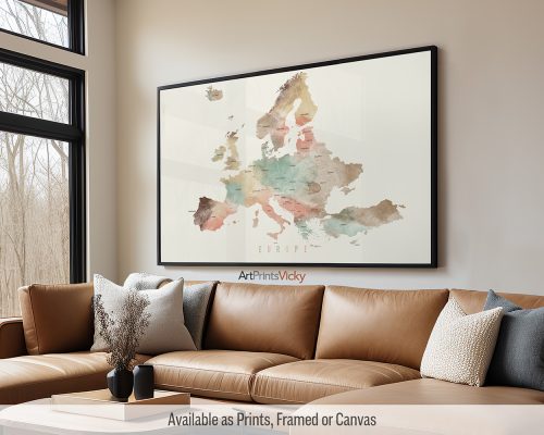 Europe map with countries labeled in a soft and dreamy Pastel Cream palette, by ArtPrintsVicky.