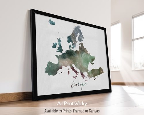 Earthy watercolor print of the Europe map, with "Europe" written below in handwritten script, on a textured background. Perfect for lovers of European history, diverse landscapes, and iconic landmarks by ArtPrintsVicky.
