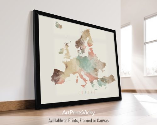 Europe map poster in a warm Pastel Cream watercolor style, by ArtPrintsVicky.