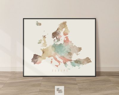 Europe map art poster pastel cream