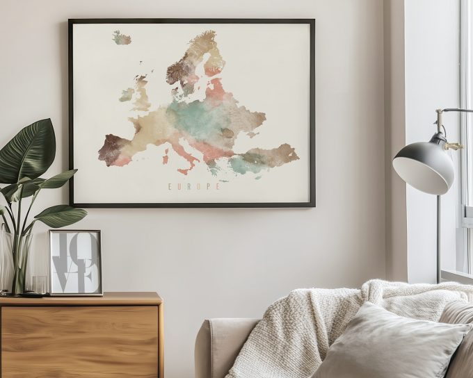 Watercolor map of Europe with soft colors displayed in a framed format.