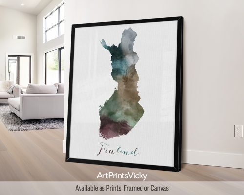 Finland watercolor map poster with handwritten title by ArtPrintsVicky
