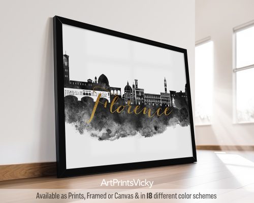 Black and white art print of the Florence skyline, featuring iconic landmarks in contrasting tones, with a decorative faux gold title by ArtPrintsVicky.