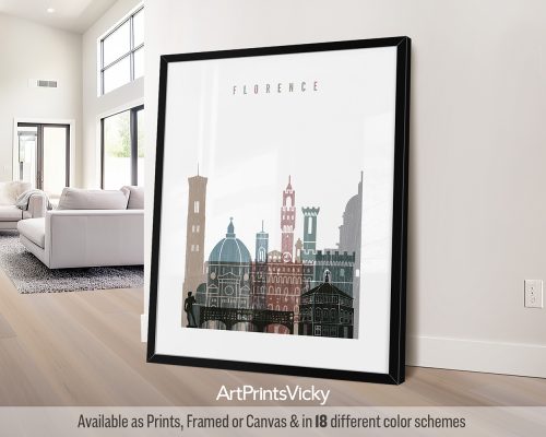 Florence city print with a subtle distressed texture, featuring iconic landmarks by ArtPrintsVicky.