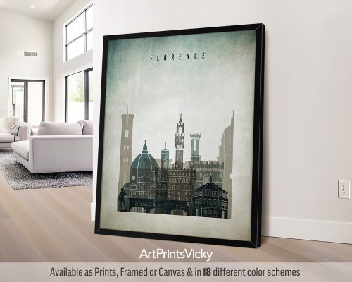 Heavily distressed Florence city print with a weathered, vintage aesthetic, featuring iconic landmarks by ArtPrintsVicky.
