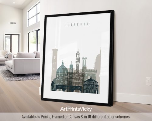 Florence minimalist city print in cool Earth Tones 4. Features the Duomo, Ponte Vecchio, and hints of Renaissance masterpieces by ArtPrintsVicky