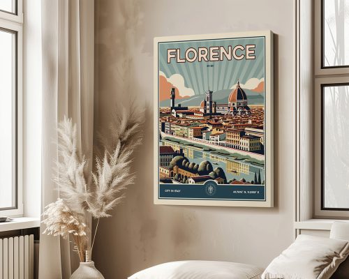 Retro art print of Florence featuring the city's skyline and landmarks in a vintage style.