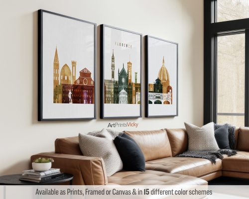 Florence skyline triptych featuring the Duomo, Ponte Vecchio, and other iconic landmarks in a rich and textured bold Watercolor 3 style, divided into three prints. by ArtPrintsVicky.