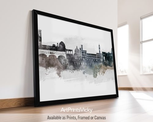 Watercolor art print of the Florence cityscape, featuring the Duomo, Ponte Vecchio, and Tuscan hills by ArtPrintsVicky.