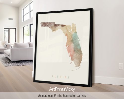 Florida map poster in a warm Pastel Cream watercolor style, by ArtPrintsVicky.