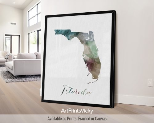 Florida watercolor map poster with handwritten title by ArtPrintsVicky