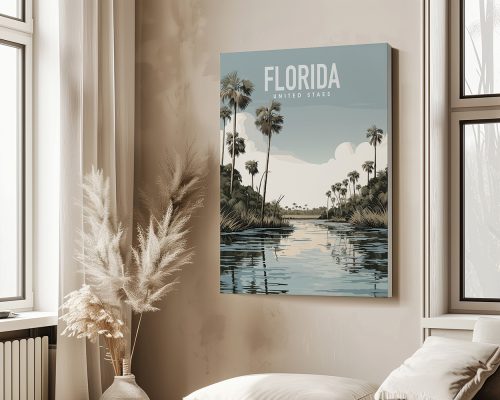 Art print depicting a Florida landscape with palm trees and a river reflecting the sky.