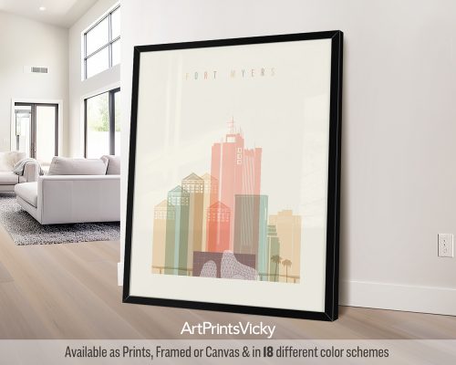 Fort Myers, Florida wall art print featuring iconic landmarks, coastal architecture and palm-lined streets in a warm, minimalist Pastel Cream palette, by ArtPrintsVicky.