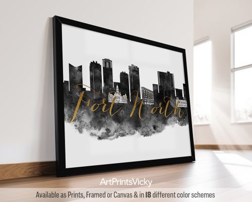 Fort Worth cityscape print in black & white with faux gold theme by ArtPrintsVicky