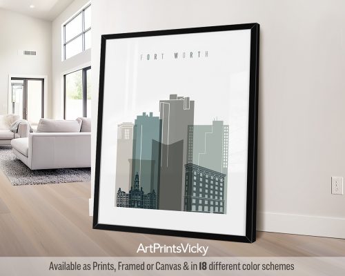 Fort Worth minimalist city print in cool Earth Tones 4 style. Features modern skyline elements by ArtPrintsVicky