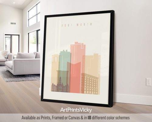 Fort Worth city skyline print in pastel cream theme by ArtPrintsVicky