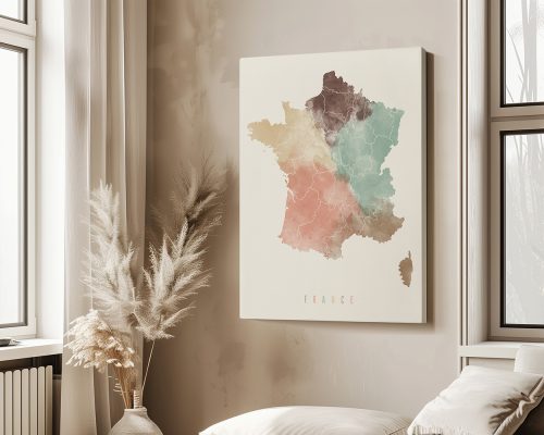 Artistic map of France displaying regions in various pastel colors on a neutral background.