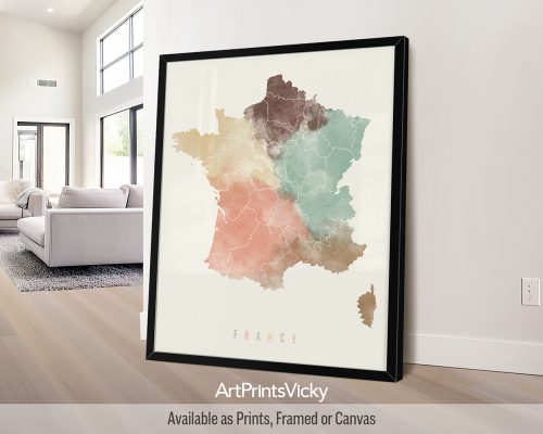 France map poster in a warm Pastel Cream watercolor style, featuring vibrant regions, by ArtPrintsVicky.