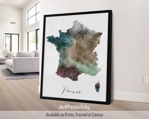 France watercolor map poster with handwritten title by ArtPrintsVicky