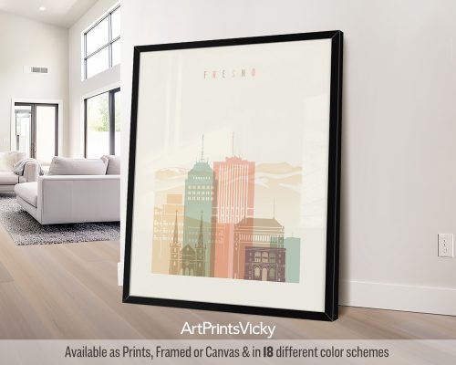 Fresno skyline featuring iconic landmarks in a soft, vintage-inspired pastel cream palette, by ArtPrintsVicky.