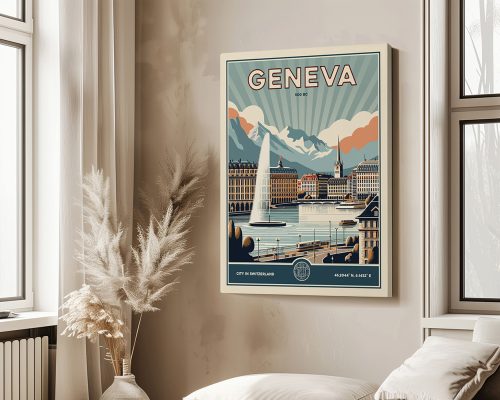 Retro poster of Geneva featuring a lake, fountain, and mountains in the background.