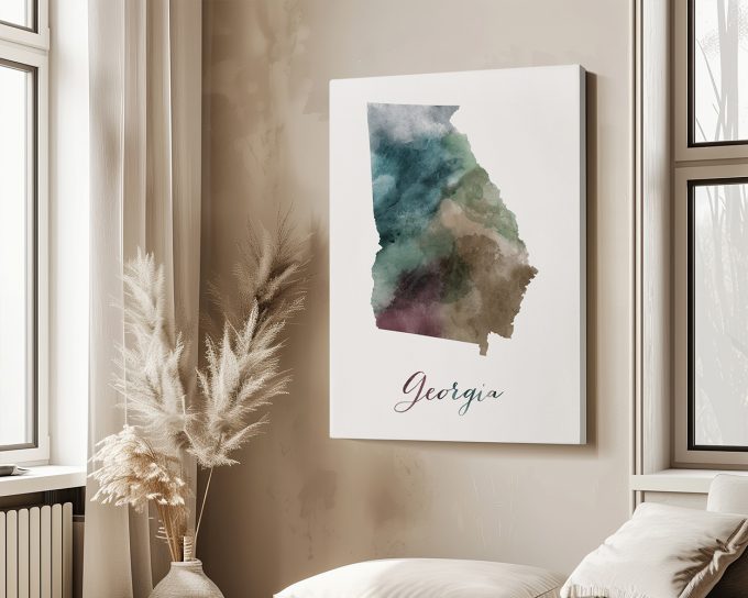 Artistic representation of the state of Georgia with watercolor effects and the word 'Georgia' at the bottom.