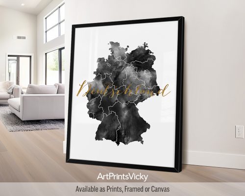Black and white watercolor map poster of Germany with 