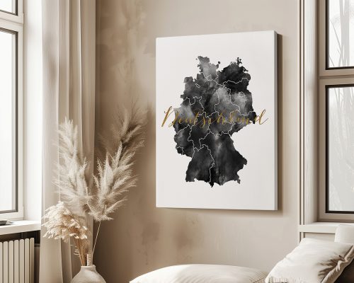 Black and white map of Germany with gold lettering displaying 'Deutschland'.