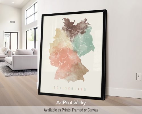 Germany map poster in a warm Pastel Cream watercolor style, by ArtPrintsVicky.