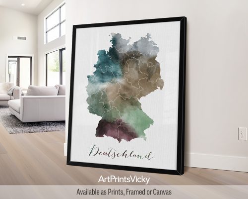 Germany watercolor map poster with handwritten title, "Deutschland", by ArtPrintsVicky