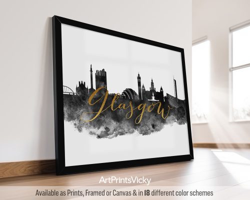 Black and white poster of the Glasgow cityscape (or Kelvinbridge area) featuring iconic landmarks in contrasting tones, with a decorative faux gold title by ArtPrintsVicky.