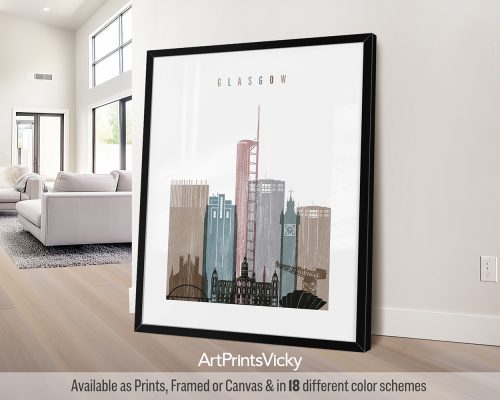 Glasgow skyline poster with a subtle distressed texture, featuring iconic landmarks by ArtPrintsVicky.