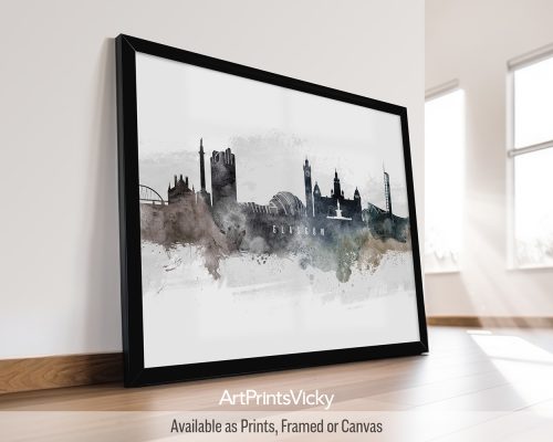 Watercolor wall art print of the Glasgow skyline, showcasing iconic landmarks along the River Clyde by ArtPrintsVicky.