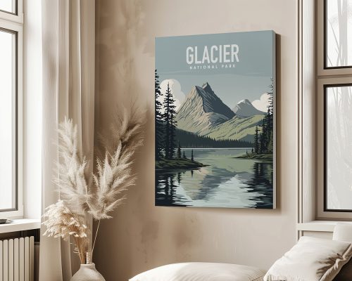 Art print featuring Glacier National Park with mountains and a lake in a minimalist style.