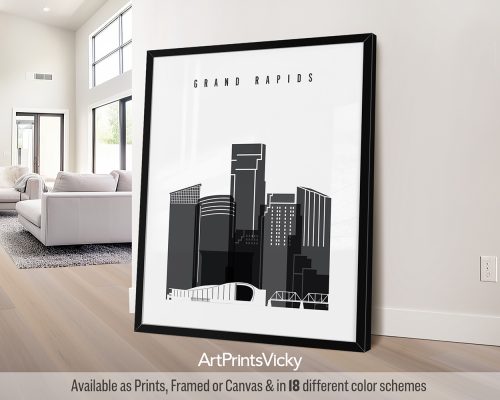 Black and white Grand Rapids skyline art print by ArtPrintsVicky