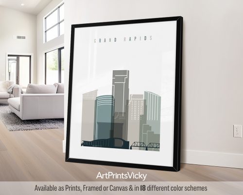 Grand Rapids minimalist city print in cool Earth Tones 4 style. Features artistic landmarks and the Blue Bridge by ArtPrintsVicky