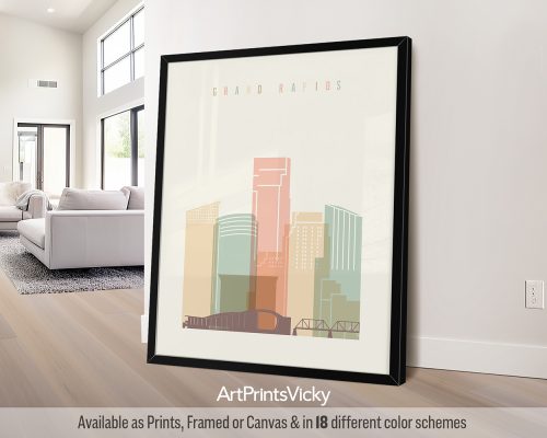 Grand Rapids city skyline print in pastel cream theme, vertical orientation, by ArtPrintsVicky
