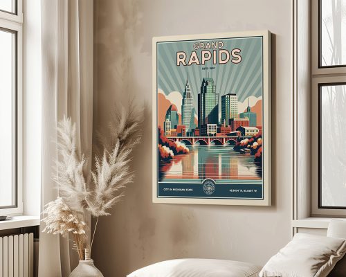 Retro art print of Grand Rapids featuring a skyline and river reflection in a stylized design.