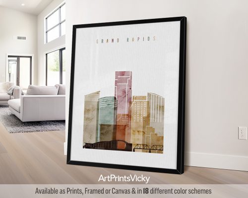 Grand Rapids city skyline print featuring the Blue Bridge, iconic landmarks, and vibrant cityscape in a rich and textured warm Watercolor 1 style, by ArtPrintsVicky.