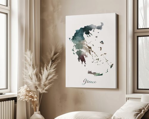 Artistic map of Greece featuring a watercolor design in various shades.