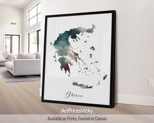 Greece watercolor map poster with handwritten title by ArtPrintsVicky