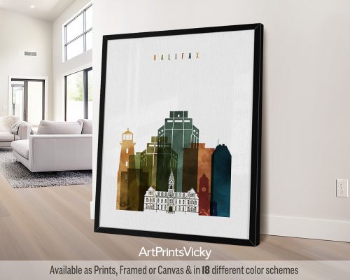 Halifax skyline featuring iconic landmarks and the harborfront in a rich and expressive bold Watercolor 3 style, by ArtPrintsVicky.