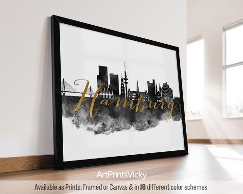 Black and white poster of the Hamburg cityscape (or harbor) featuring iconic landmarks in contrasting tones, with a decorative faux gold title by ArtPrintsVicky.