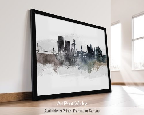 Watercolor art print of the Hamburg skyline featuring landmarks, the harbor, and the Elbe River by ArtPrintsVicky.